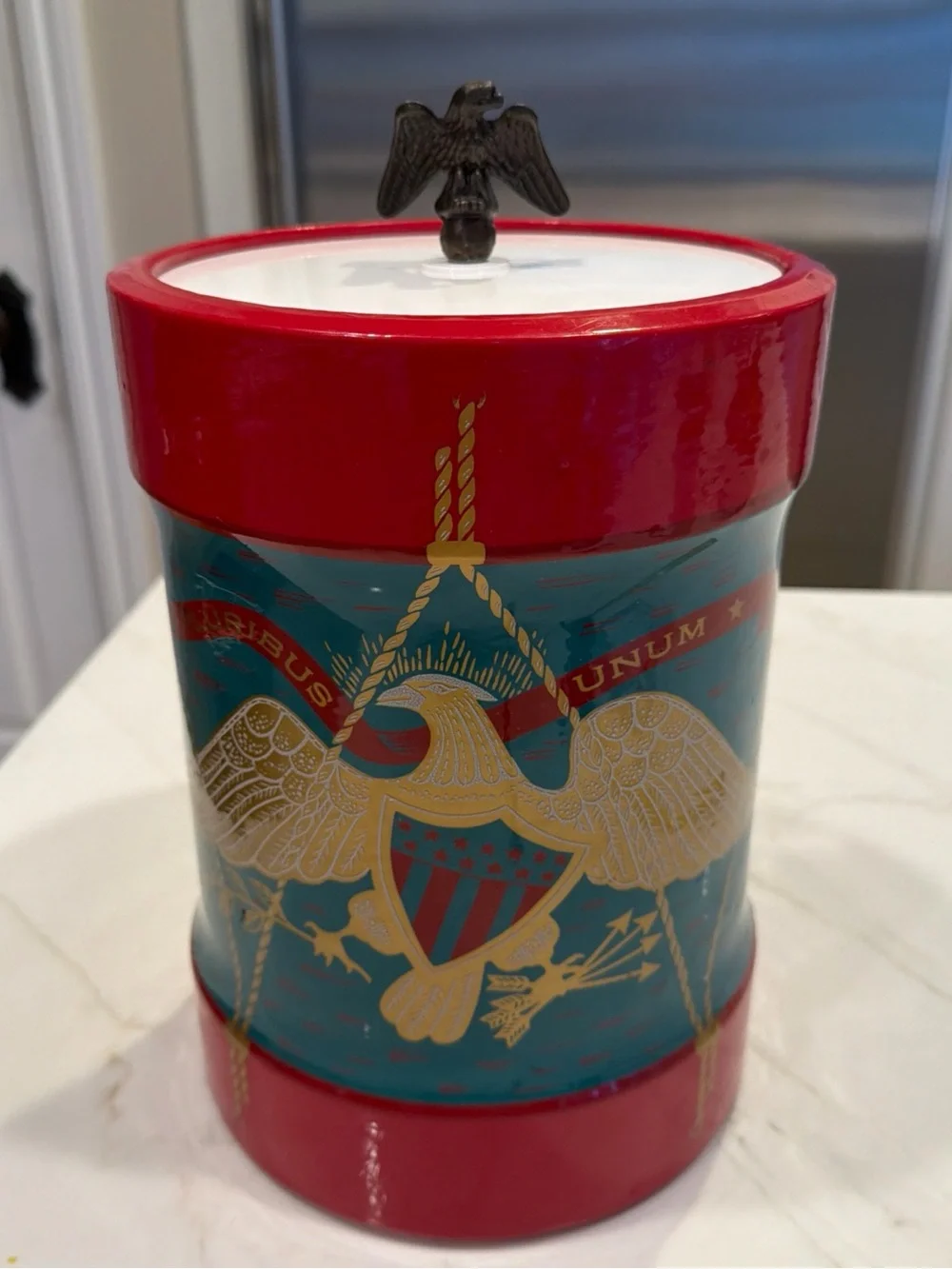 Vintage Cera E Pluribus Unum Eagle Ice Bucket Bareware Retro 1950 Metal Finial